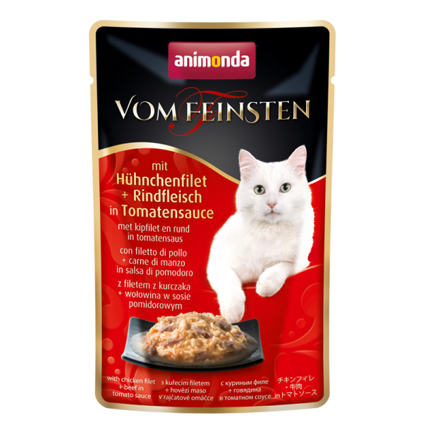 Animonda Cat Portionsbeutel vom Feinsten mit Hühnchenfilet & Rindfleisch in Tomatensauce  50g, Ergänzungsfuttermittel für ausgewachsene Katzen