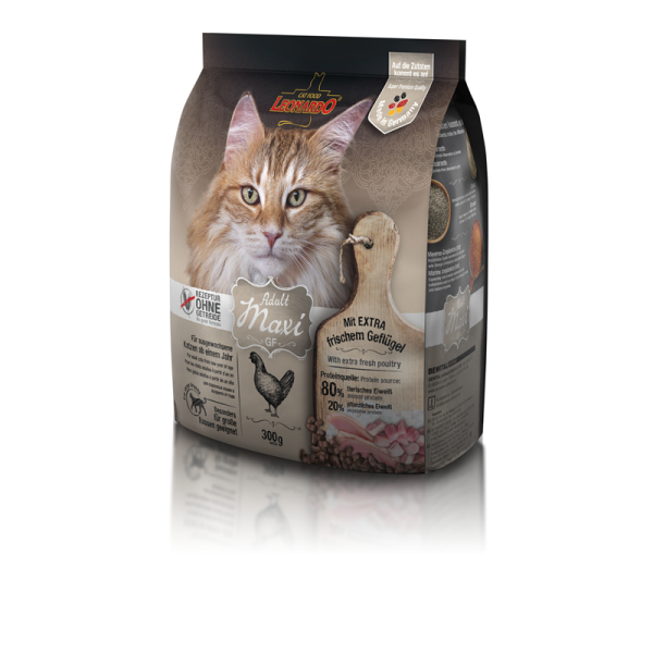 LEONARDO Adult GF Maxi 300 g, Getreidefreies Trockenfutter für ausgewachsene Katzen ab einem Jahr. Besonders für große Rassen geeignet.