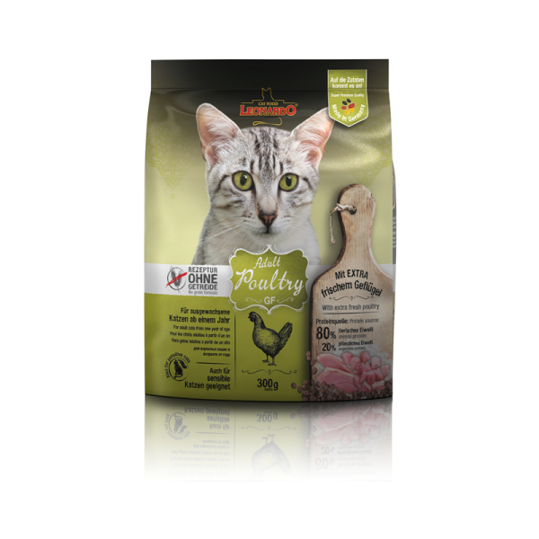 LEONARDO Adult GF Poultry 300 g, Getreidefreies Trockenfutter für ausgewachsene Katzen ab einem Jahr. Besonders für sensitive Katzen geeignet.