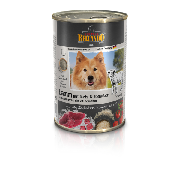 BELCANDO Dose Lamm mit Reis und Tomate 400 g, Hochwertige Feuchtnahrung für Ihren Hund.