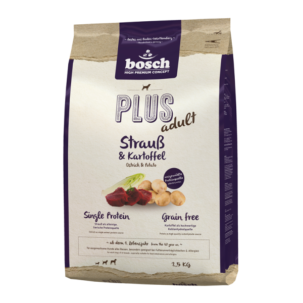 Bosch PLUS Strauß & Kartoffel 2,5 kg, Single Protein Trockennahrung für Hunde