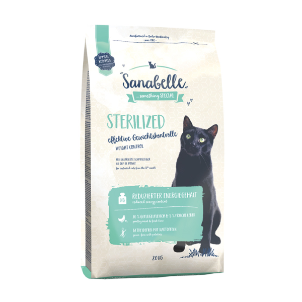 Sanabelle Sterilized 2 kg, Sanabelle Sterilized ist eine ohne Zusatz von Getreide stark energiereduzierte Vollnahrung für ernährungssensible Katzen, die auf Grund einer Kastration zu Übergewicht neigen.