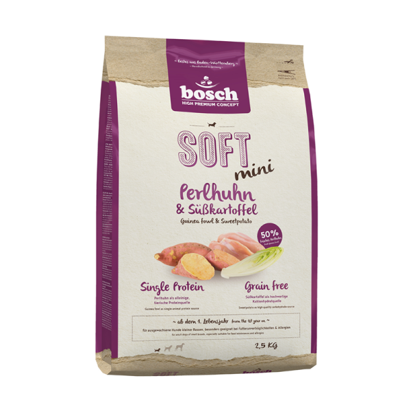 Bosch HPC Soft Mini Perlhuhn & Süßkartoffel 2,5kg, für ernährungssensible Hunde