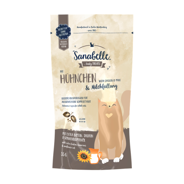 Sanabelle Knusperkissen Huhn & Milch 55g, Belohnungssnack für Katzen