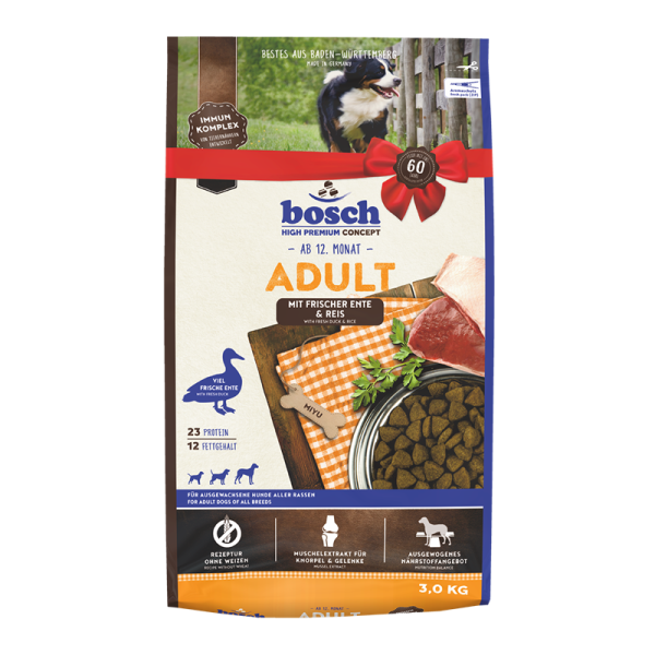 Bosch Adult Ente & Reis 3 kg, Alleinfuttermittel für ausgewachsene Hunde