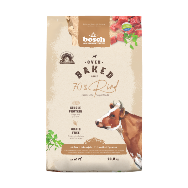 Bosch Dog HPC Oven Baked Rind 10 kg, Ovenbaked Rind ist eine Vollnahrung für ausgewachsene Hunde, besonders geeignet zur Ernährung bei Futterunverträglichkeiten und Allergien.