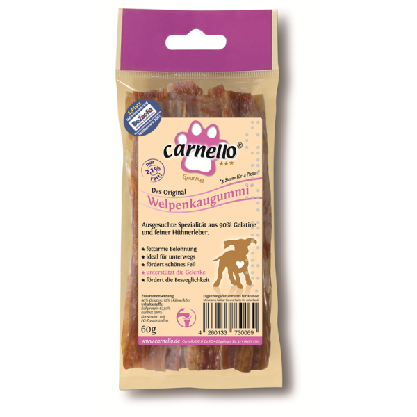 Carnello Hunde Snack Welpenkaugummi 60g, Ausgesuchte fettarme Kauspezialität aus Kollagen, gefüllt mit Hühnerleber