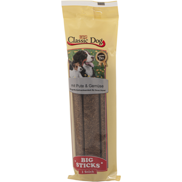Classic Dog Snack Big Sticks Pute & Gemüse 3er Pack, Ergänzungsfuttermittel für Hunde