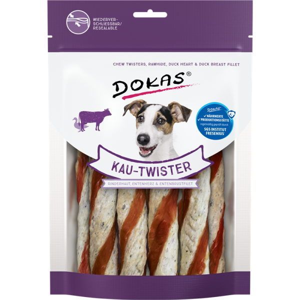 Dokas Kau-Twister Rinderhaut, Entenherz & Entenbrust 200g, Ergänzungsfuttermittel für Hunde