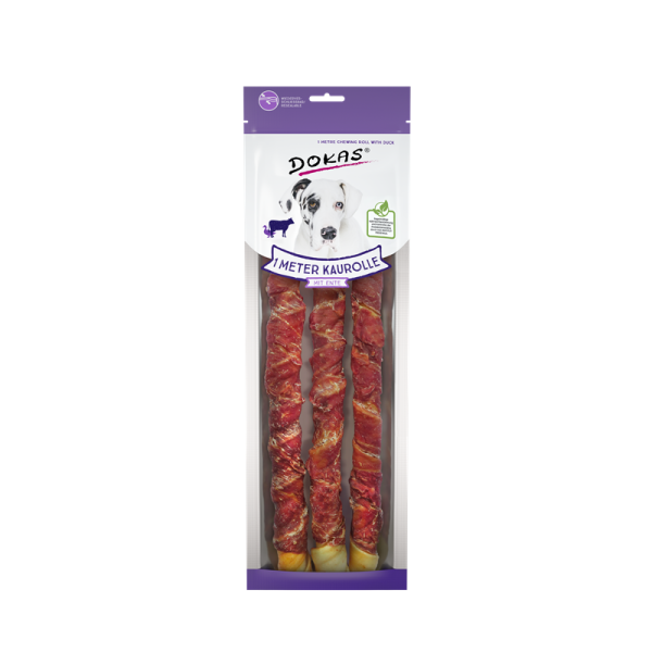 Dokas Hunde Snack 1 m Kaurolle aus Rinderhaut mit Ente 315g, Nahrungsergänzungsmittel für Hunde