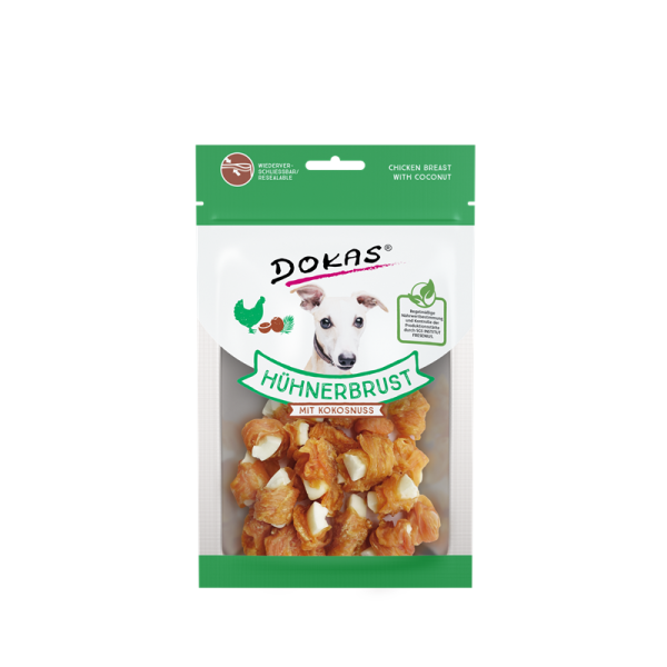 Dokas Hunde Snack Hühnerbrust mit Kokosnuss 60g, Nahrungsergänzungsmittel für Hunde