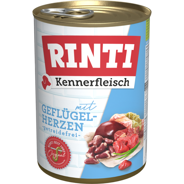 Rinti Kennerfleisch Geflügelherzen 400g, Alleinfuttermittel für Hunde.