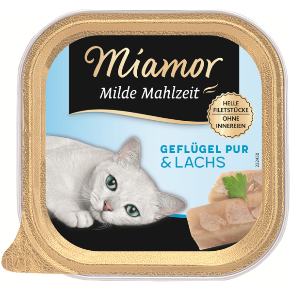 Miamor Milde Mahlzeit Geflügel & Lachs 100g, Alleinfuttermittel für Katzen