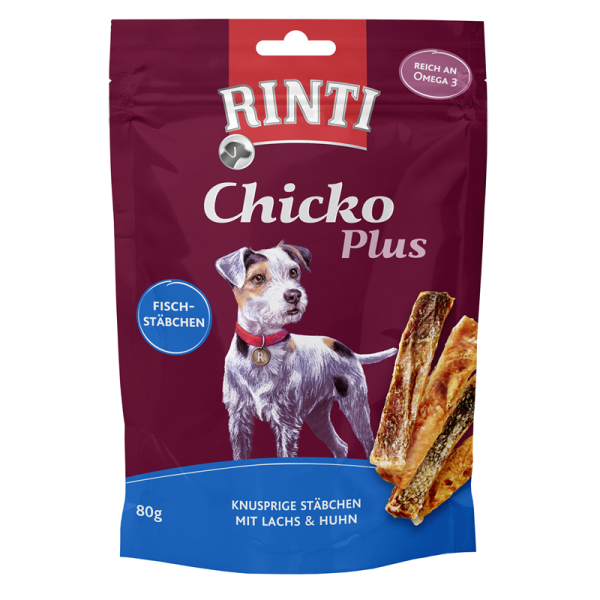 Rinti Chicko Plus Fischstächen mit Lachs & Huhn 80g, Artgerechte Snacks für Hunde.