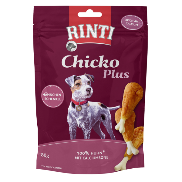 Rinti Chicko Plus Hähnchenschenkel mit Calciumbone 80 g, Artgerechte Snacks für Hunde.