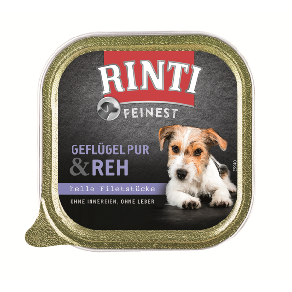 Rinti Feinest Geflügel Pur & Reh 150g, Alleinfuttermittel für Hunde.
