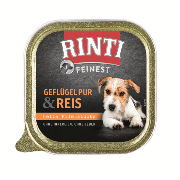 Rinti Feinest Geflügel Pur & Reis 150g, Alleinfuttermittel für Hunde.