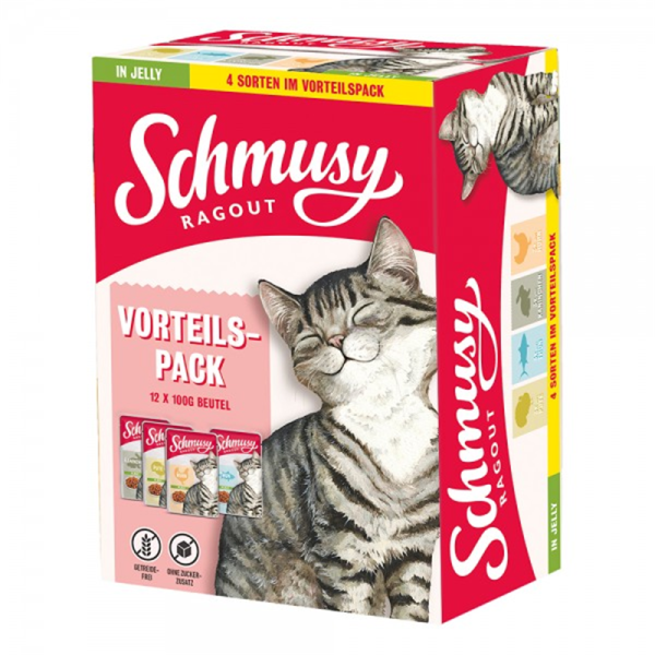 Schmusy Ragout in Jelly Vorteilspack 12x100g, Alleinfuttermittel für ausgewachsene Katzen