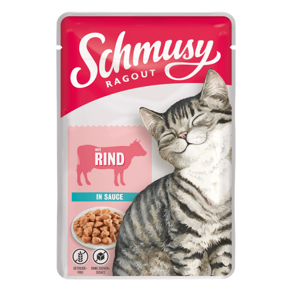 Schmusy Ragout mit Rind in Sauce 100g, Alleinfuttermittel für ausgewachsene Katzen