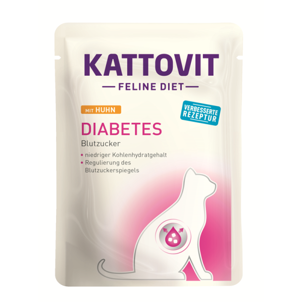 Kattovit Feline Diet Diabetes Huhn 85g, Spezielles Nassfutter für Katzen mit einem niedrigen Kohlenhydratbedarf