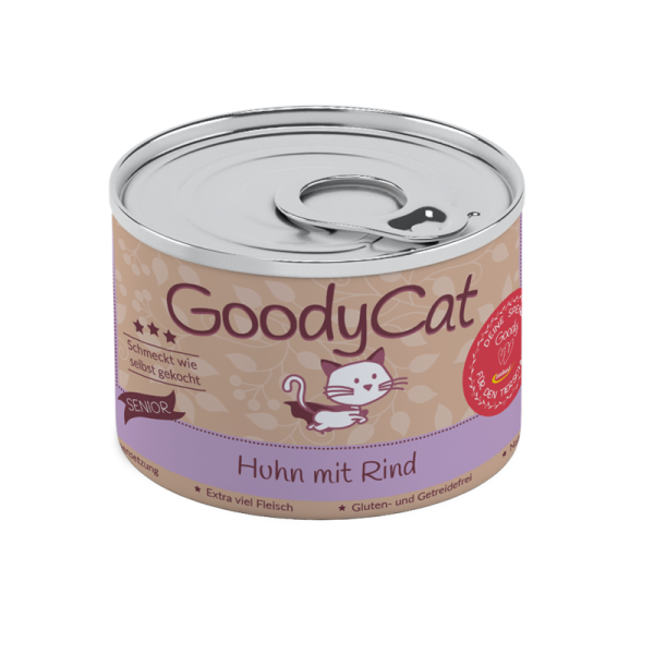GoodyCat Dose Senior Huhn mit Rind, Ente, Süßkartoffel & Tomate 180 g, Alleinfuttermittel für Katzen ab dem 8. Lebensjahr