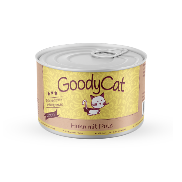 GoodyCat Dose Adult Huhn mit Pute, Tomate & Brokkoli 180 g, Hochwertiges Nassfutter für alle Katzen