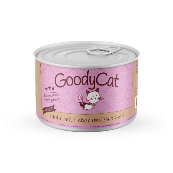 GoodyCat Dose Adult Huhn mit Leber, Julienne - Karotten & Brokkoli 180 g, Hochwertiges Nassfutter für alle Katzen