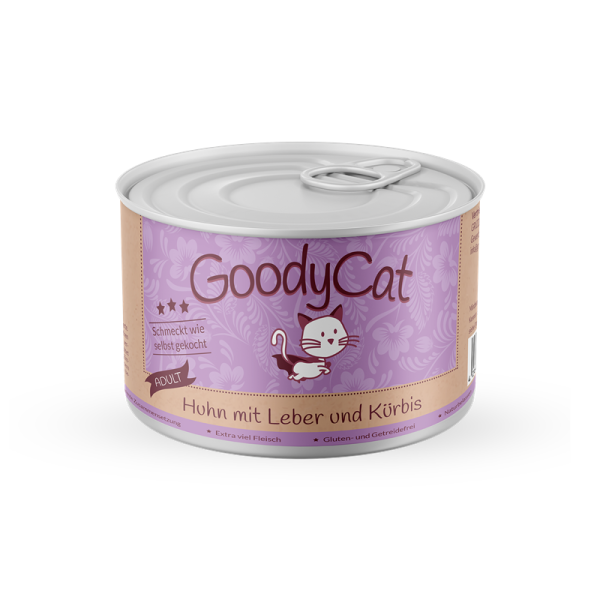 GoodyCat Dose Adult Huhn mit Leber, Julienne-Karotten & Kürbis 180 g, Hochwertiges Nassfutter für alle Katzen