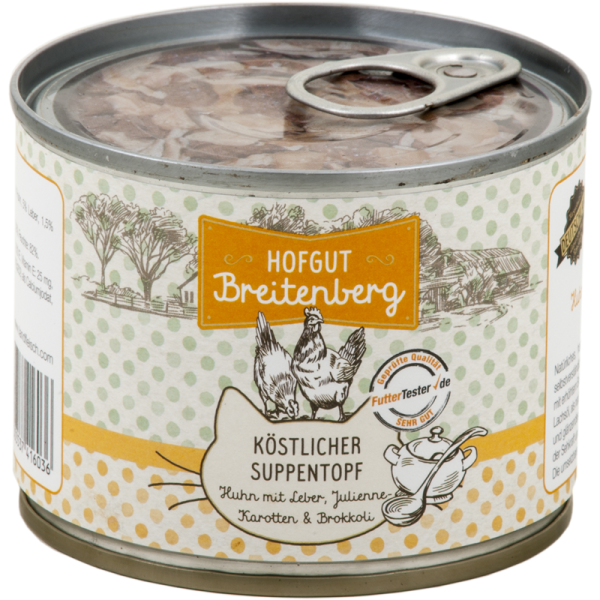 Hofgut Breitenberg Cat köstlicher Suppentopf Huhn mit Leber, Karotten und Brokkoli 180g, Hochwertiges Nassfutter für alle Katzen