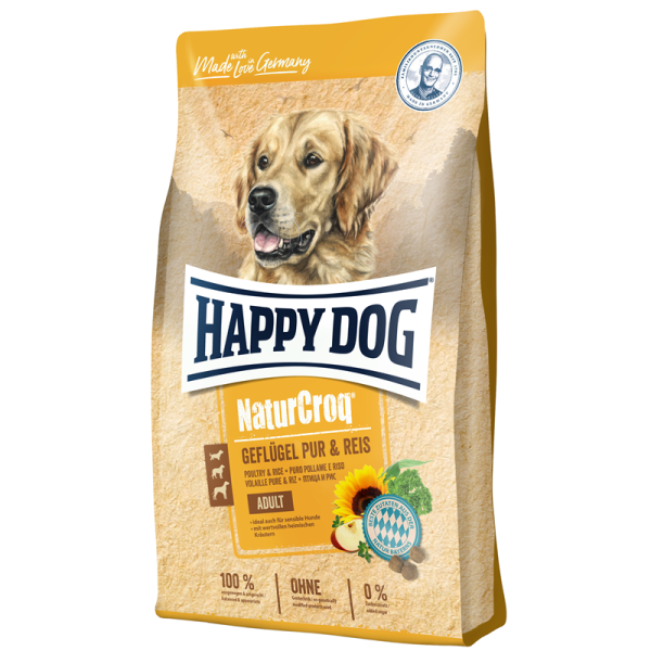 Happy Dog NaturCroq Geflügel pur & Reis 1kg, Alleinfuttermittel für ausgewachsene Hunde mit normalem Energiebedarf.