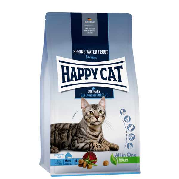 Happy Cat Culinary Adult Quellwasser Forelle 300g, Alleinfuttermittel für ausgewachsene Katzen ab 12 Monaten.