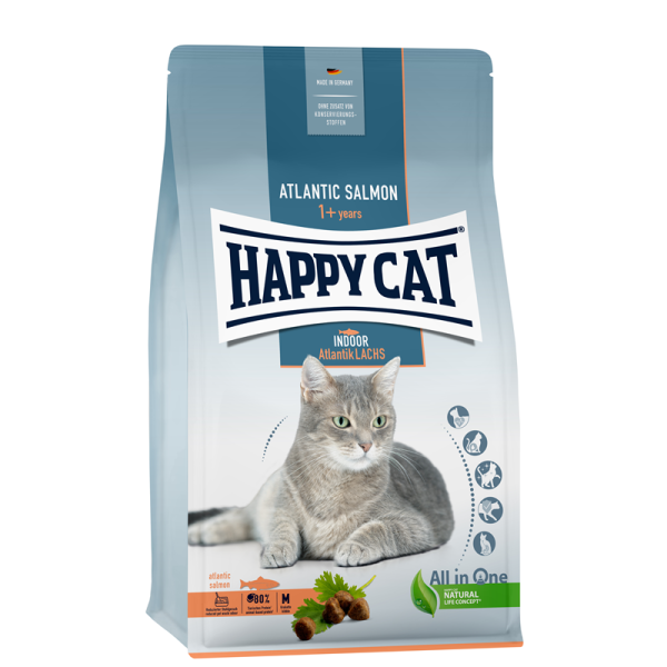 Happy Cat Indoor Adult Atlantik Lachs 1,3 kg, Alleinfuttermittel für ausgewachsene Katzen ab 12 Monaten.