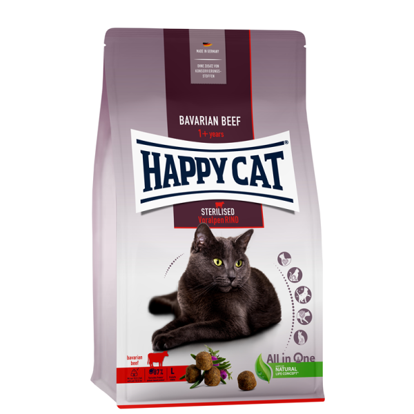 Happy Cat Sterilised Adult Voralpen Rind 1,3 kg, Alleinfuttermittel für ausgewachsene, kastrierte Katzen ab 12 Monaten.