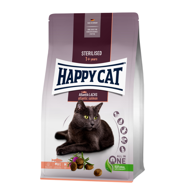 Happy Cat Sterilised Adult Atlantik Lachs 1,3 kg, Alleinfuttermittel für ausgewachsene, kastrierte Katzen ab 12 Monaten.