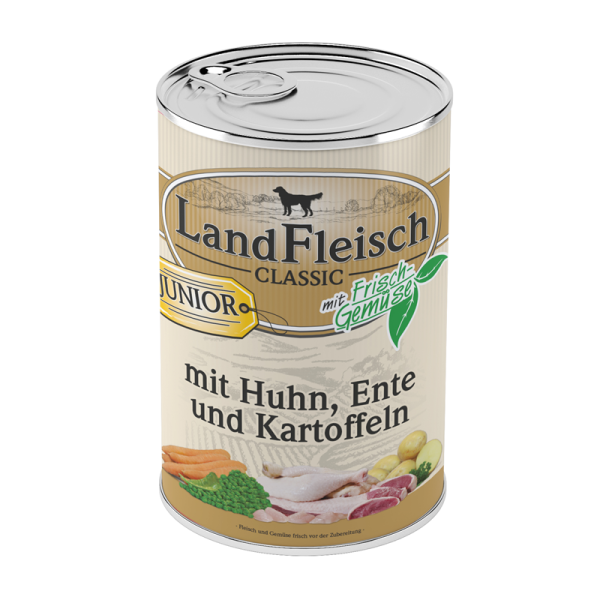 LandFleisch Classic Junior Huhn & Ente & Kartoffeln mit Frischgemüse 400g, Hochwertiges Nassfutter für heranwachsende Hunde. Reich an Vitalstoffen.