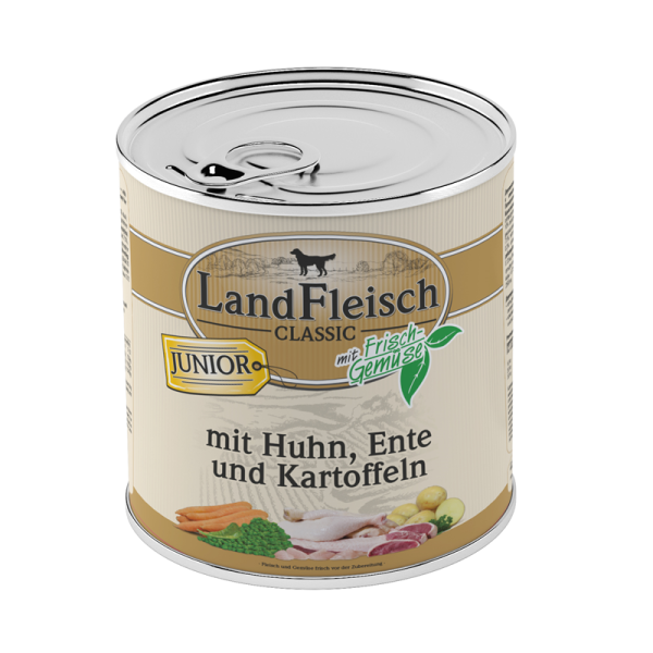 LandFleisch Classic Junior Huhn & Ente & Kartoffeln mit Frischgemüse 800g, Hochwertiges Nassfutter für heranwachsende Hunde. Reich an Vitalstoffen.