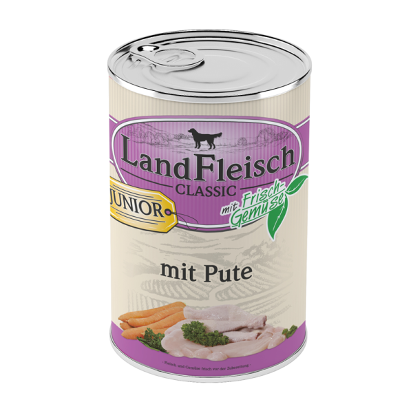 LandFleisch Classic Junior Pute mit Frischgemüse 400 g, Hochwertiges Nassfutter für heranwachsende Hunde. Reich an Vitalstoffen.