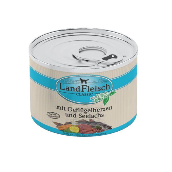 LandFleisch Classic Geflügelherzen & Seelachs mit Frischgemüse 195g, Hochwertiges Nassfutter für ausgewachsene Hunde. Reich an Vitalstoffen.