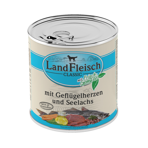 LandFleisch Classic Geflügelherzen & Seelachs mit Frischgemüse 800g, Hochwertiges Nassfutter für ausgewachsene Hunde. Reich an Vitalstoffen.