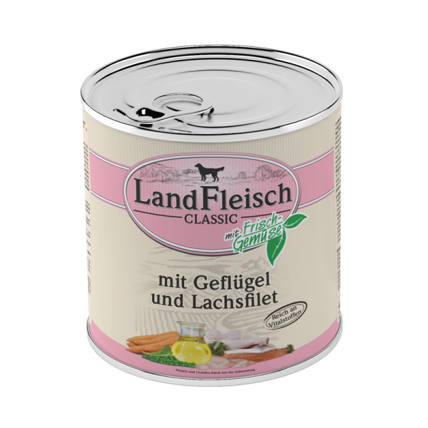 LandFleisch Classic Geflügel&Lachsfilet mit Frischgemüse 800 g, Hochwertiges Nassfutter für ausgewachsene Hunde. Reich an Vitalstoffen.