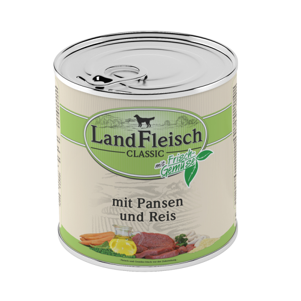LandFleisch Classic Pansen & Reis mit Frischgemüse 800g, Hochwertiges Nassfutter für ausgewachsene Hunde. Reich an Vitalstoffen.
