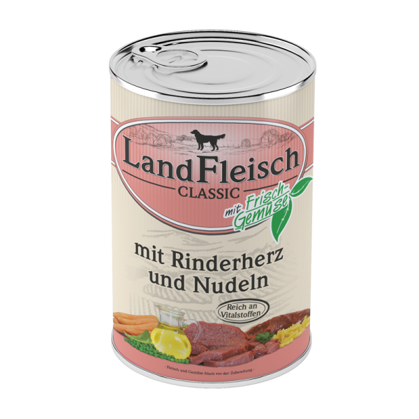 LandFleisch Classic Rinderherz & Nudeln mit Frischgemüse 400g, Hochwertiges Nassfutter für ausgewachsene Hunde. Reich an Vitalstoffen.