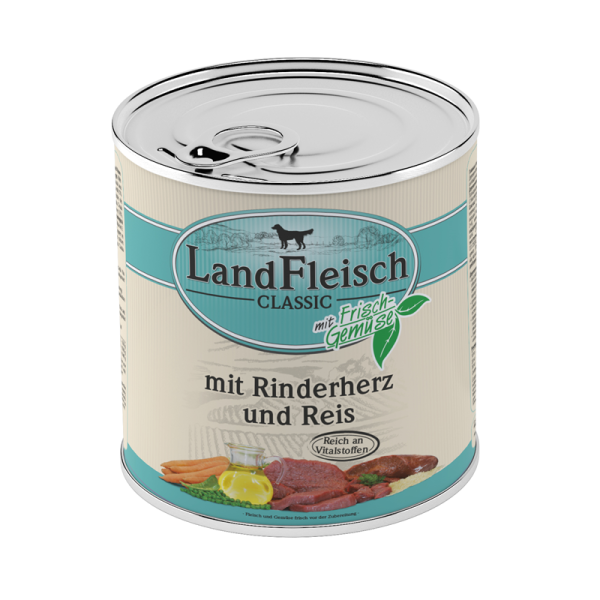 LandFleisch Classic Rinderherz & Reis mit Frischgemüse 800g, Hochwertiges Nassfutter für ausgewachsene Hunde. Reich an Vitalstoffen.