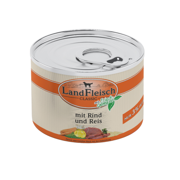 LandFleisch Classic Rind & Reis extra mager mit Frischgemüse 195 g, Hochwertiges Nassfutter für ausgewachsene Hunde. Extra mager, nur 3 % Fett