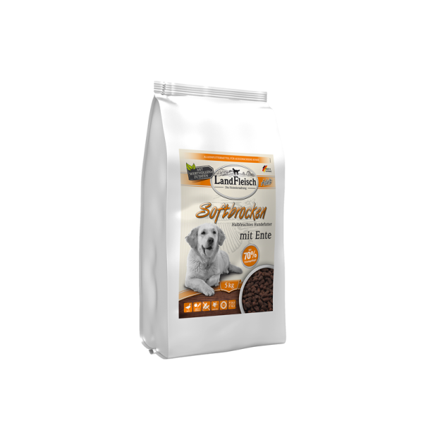 LandFleisch Dog Softbrocken mit Ente getreidefrei 5kg, Alleinfuttermittel für ausgewachsene Hunde mit 70 % Frischgeflügel