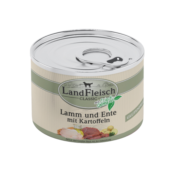 LandFleisch Classic Lamm & Ente & Kartoffeln 195g, Hochwertiges Nassfutter für ausgewachsene Hunde. Reich an Vitalstoffen.