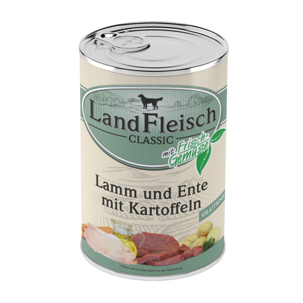 LandFleisch Classic Lamm & Ente & Kartoffeln 400g, Hochwertiges Nassfutter für ausgewachsene Hunde. Reich an Vitalstoffen.