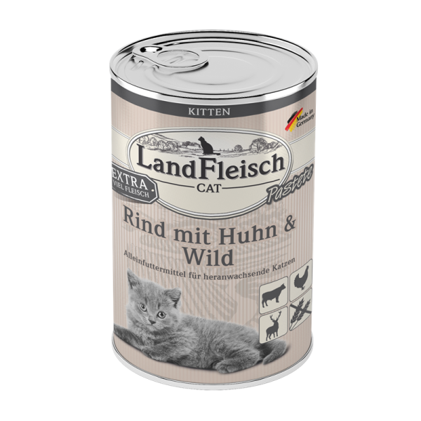 Landfleisch Cat Kitten Pastete Rind mit Huhn & Wild 400g, Alleinfuttermittel für heranwachsende Katzen