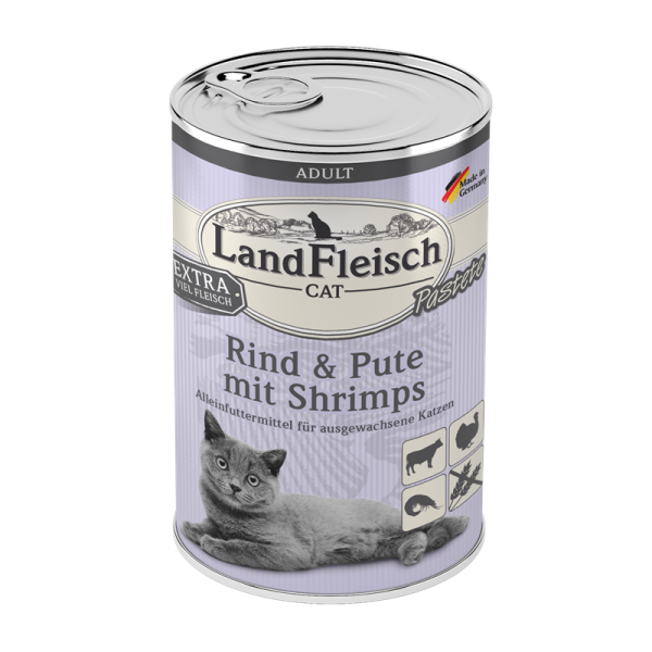 LandFleisch Cat Adult Pastete Rind & Pute mit Shrimps 400g, Alleinfuttermittel für ausgewachsene Katzen