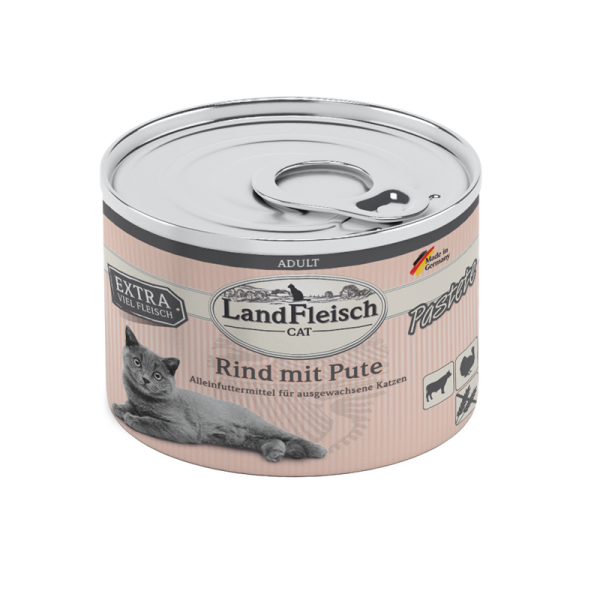 LandFleisch Cat Adult Pastete Rind mit Pute 195g, Alleinfuttermittel für ausgewachsene Katzen